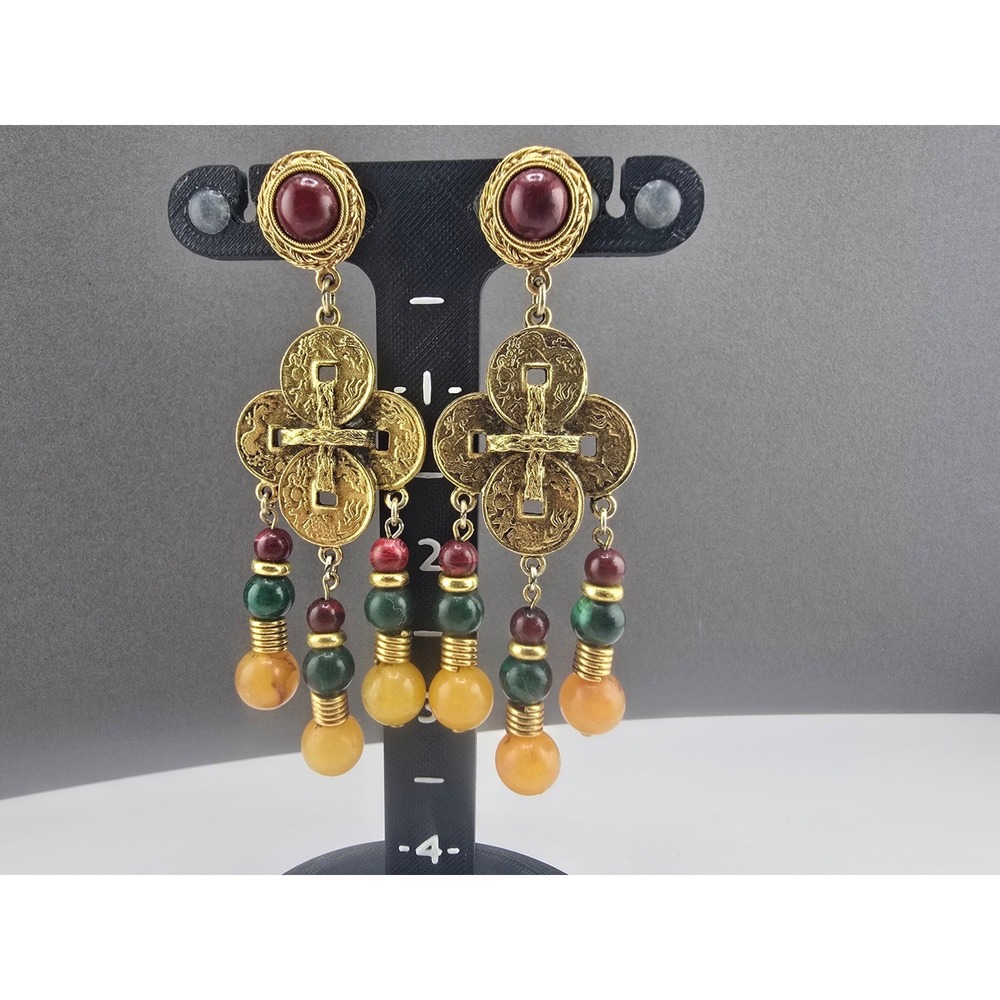 Vintage Estate Dangle Earrings Gold Tone Chinese Coin Bead Multi Strand 4.5"